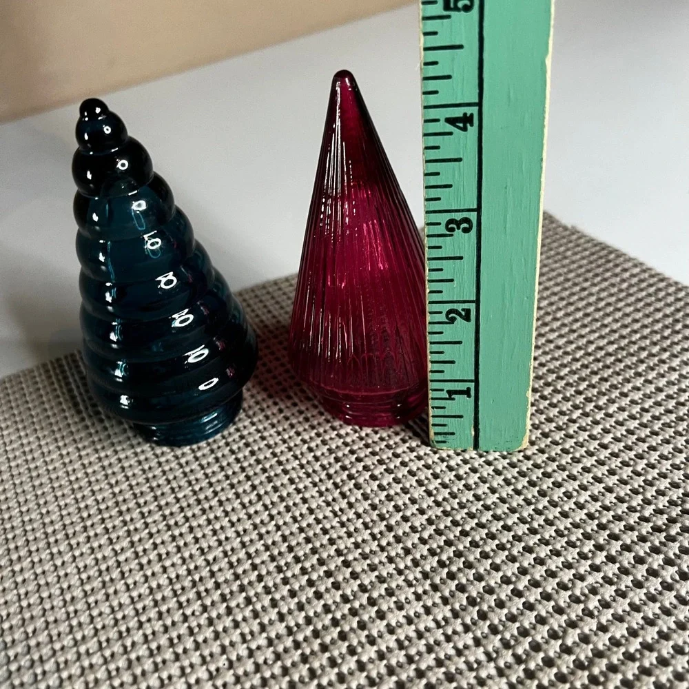 Vintage Glass Christmas Tree Finials Teal and Magenta Ribbed Tiered Decor 4.5